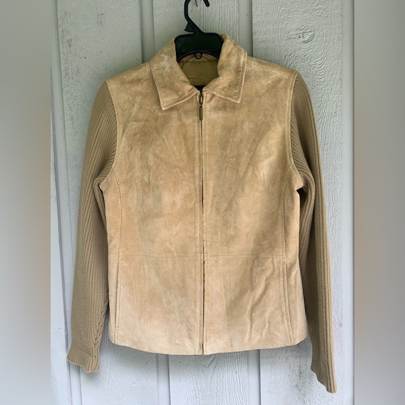 Fabio Jackets & Blazers - VTG FABIO Tan Beige 100% Suede Leather Jacket Knit Arm Women's MEDIUM